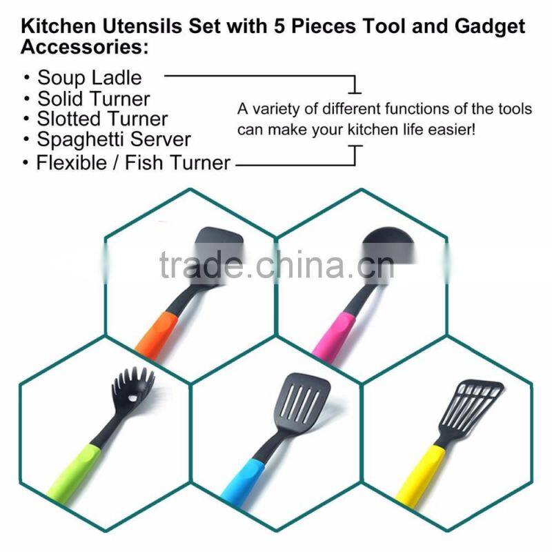 Amazon hot FDA multi color Heat Resistant silicone kitchen utensils,silicone 5-pcs cooking utensils