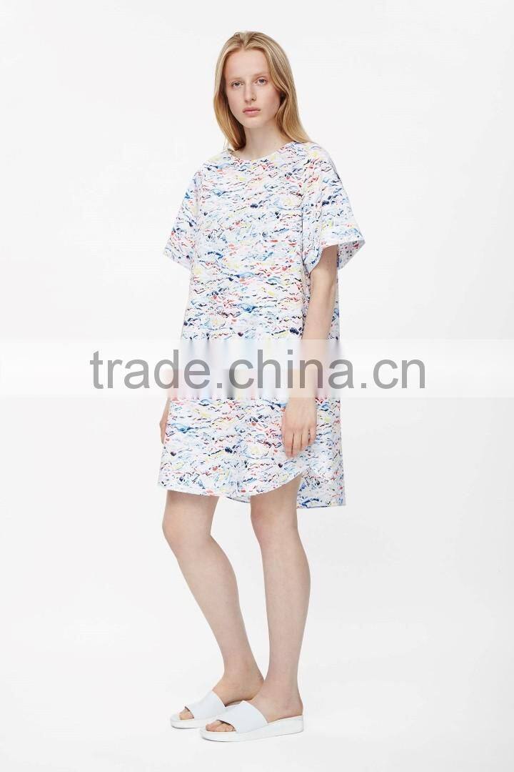 wholesale flared A-line soft women cotton poplin pleat-back printed dress pattern
