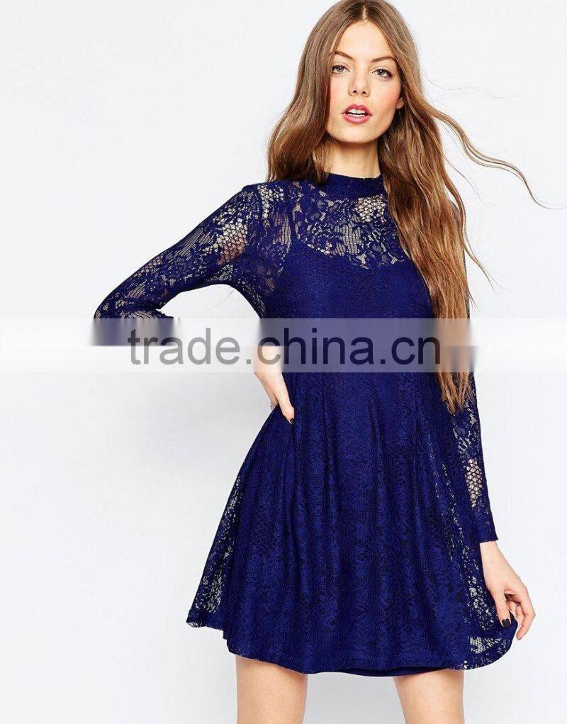 100% Polyester Round neckline Lightweight Babydoll Model Women Sexy Casual Lace Dress