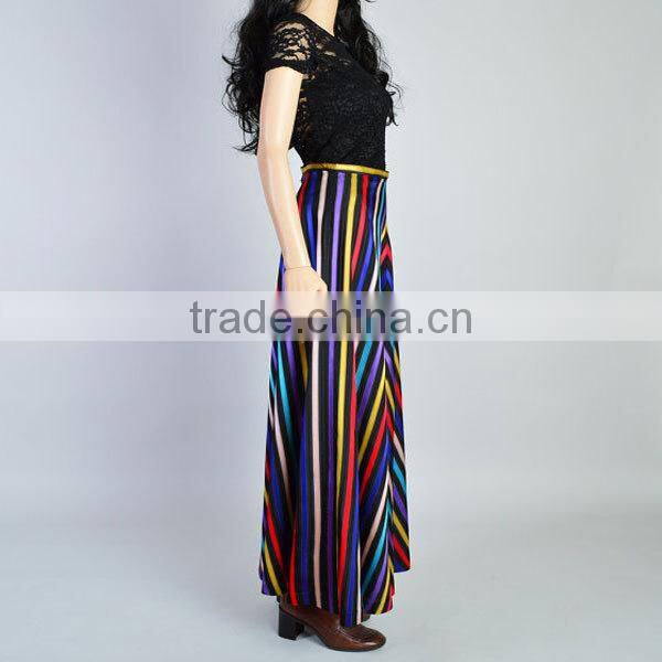 Fashion summer high waist rainbow color viscose chevron stripe maxi skirt