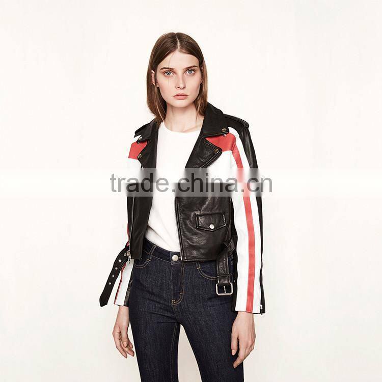 HAODUOYI Women Autumn Color Block PU Leather Bomber Jacket for Wholesale