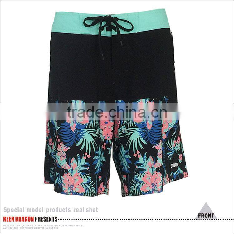 Custom design beachwear mens flower print 4-way stretch board shorts