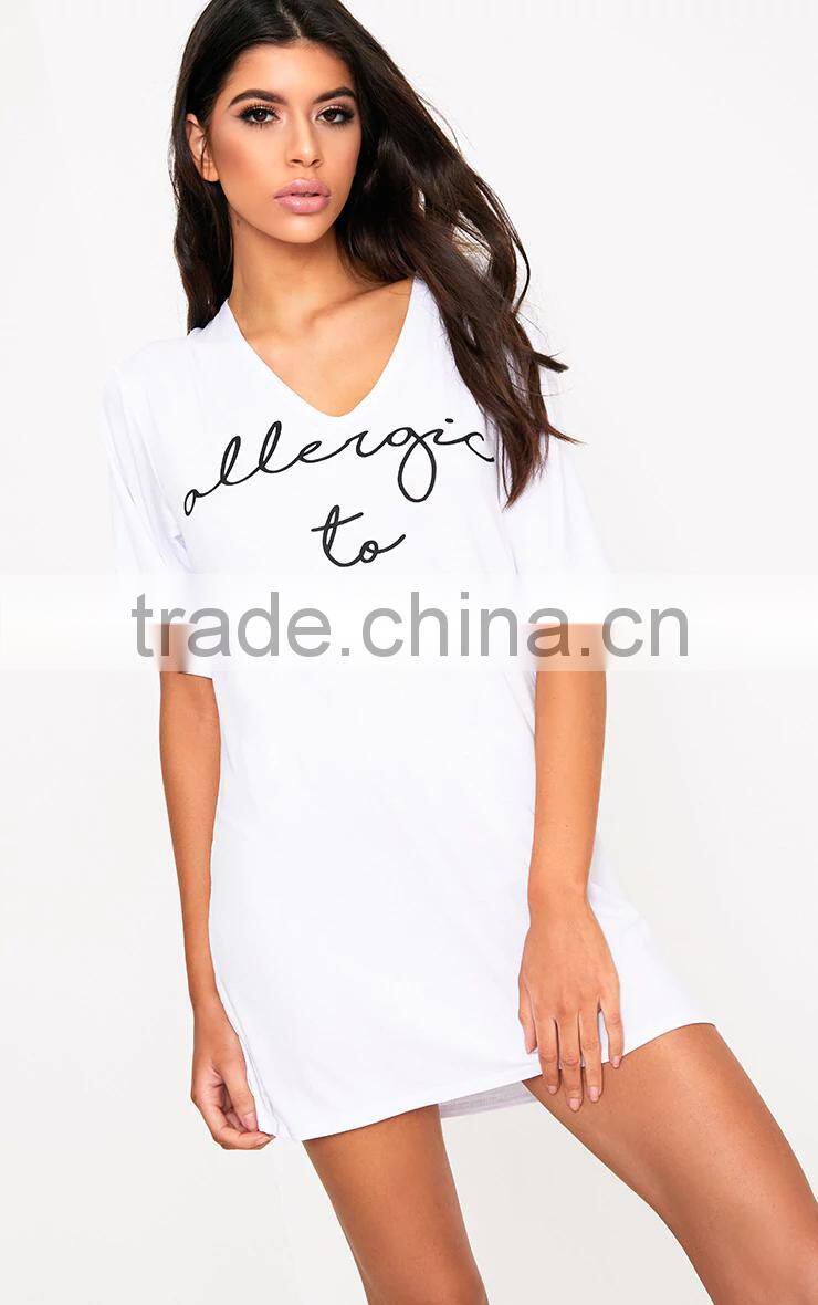 Custom Logo Design Women Nightie V Neck Rayon&Spandex Nightgown With Drop Sleeve Front Print T-Shirt Dress