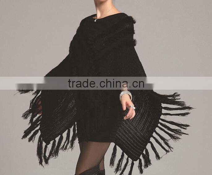 cable knitted ponchos women faux fur poncho rabbit fur ponchos