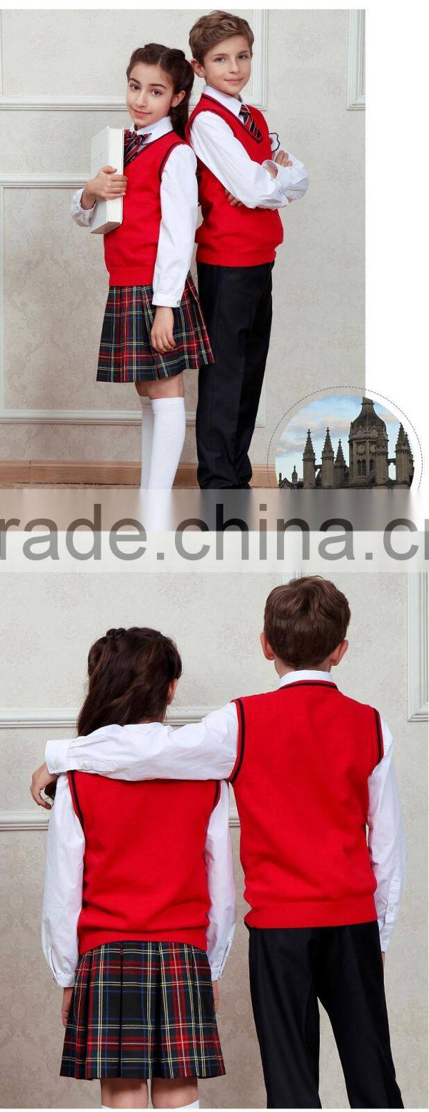 Red sleeveless unisex sweater vest school uniforms design with picture primary