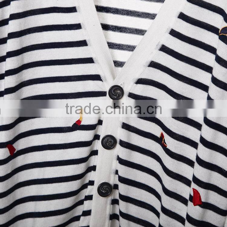 Small quantity clothing sweater manufacturern for girl,striped crewneck black & white cardigan sweater