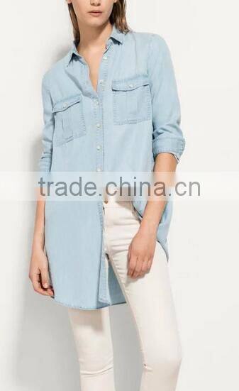 Runwaylover EY2336B Ladies Long Style Fashion Washed Denim Blouse