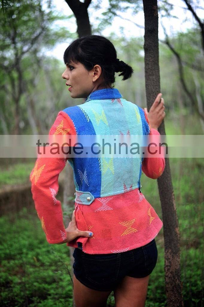 Vintage Kantha Jacket in Color Block & Contrast Lapel ~ Small