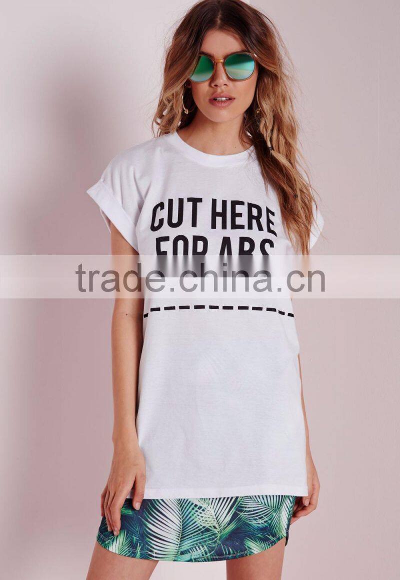 Women custom rolled sleeves white t shirt,elongated t shirt wholesale china