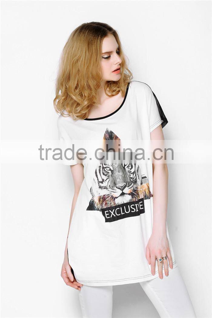 latest summer fashion long style tiger pattern print women t shirts cheap, cotton t shirts with transparent back