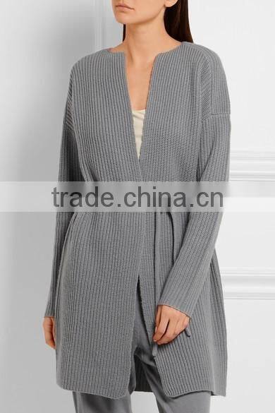 Light Grey Slips On Wool and Cashmere Blend Cardigan with Thin Waist Rope
