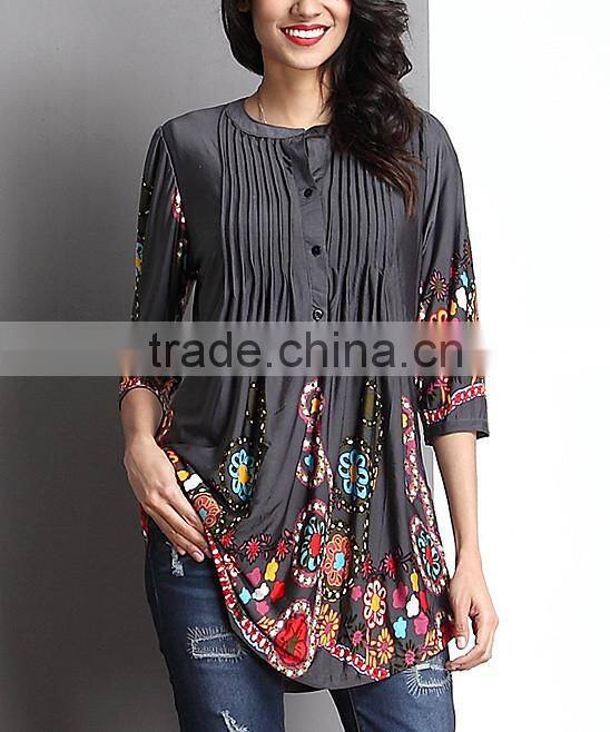 2016 New Women Tops With Charcoal Garden Notch Neck Pin Tuck Tunic Women Blouse Women Clothing GD90426-4