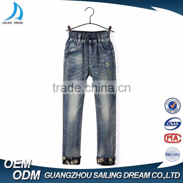 New products good quality elastic waist roll up hem 3D rose printing blue wholesale jeans pants for kids