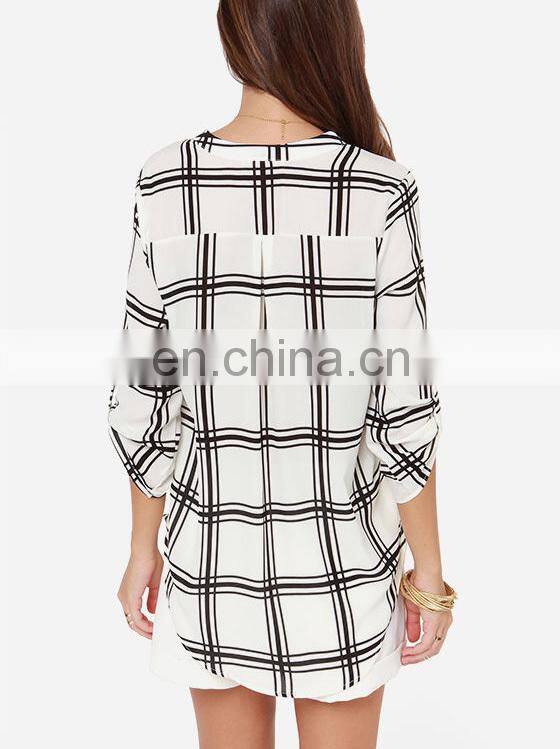 CHEFON Roll tab half sleeve deep v neck plaid print fashion patterns of chiffon blouses