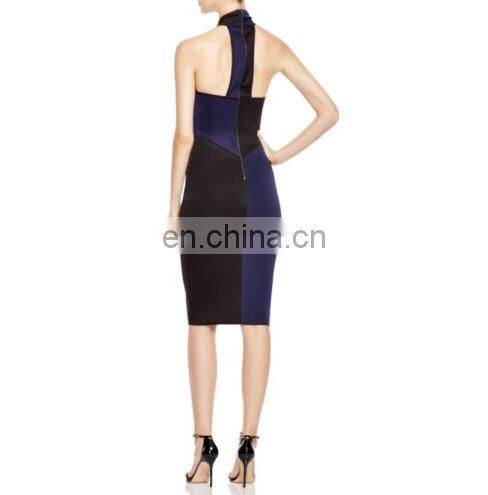 2017 Contrast Black and Navy Off Shoulder Cut Out Lace Up Elegant Fitted Causal Career Dress