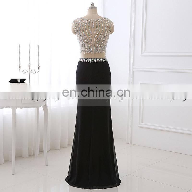 New Fashion Two-Piece Cap Sleeve Black Mermaid Crystal Beaded Evening Gowns Evening Dresses LX321