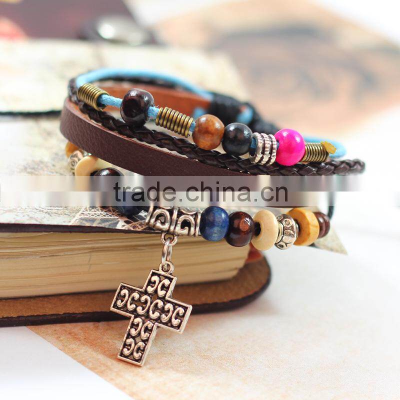 Zinc Alloy Silver Cross Leather Charm Pendant Bracelet