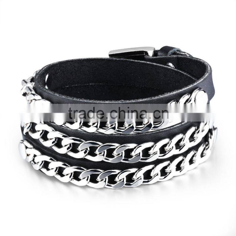 2016 new cool jewelry three wraps black genuine chain link leather bracelet for men
