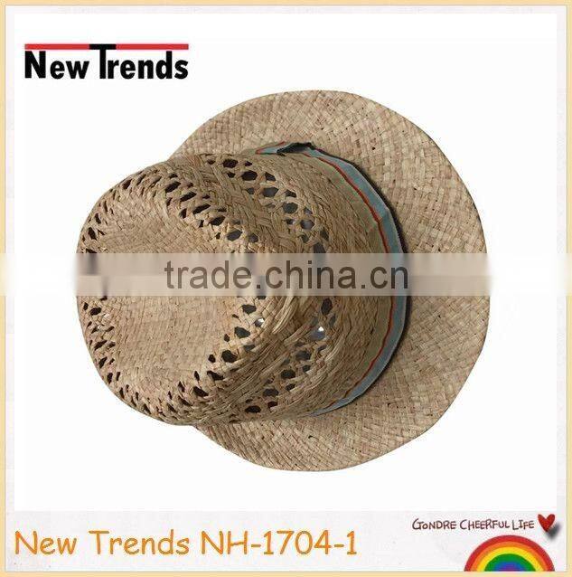 Soft handfeel hollow out handmade raffia straw bucket hat with colorful strip band