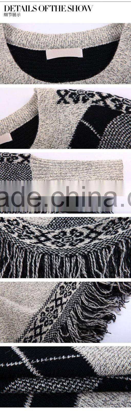 2015 European Geometric tassel bat sleeve cape coat long knit sweater