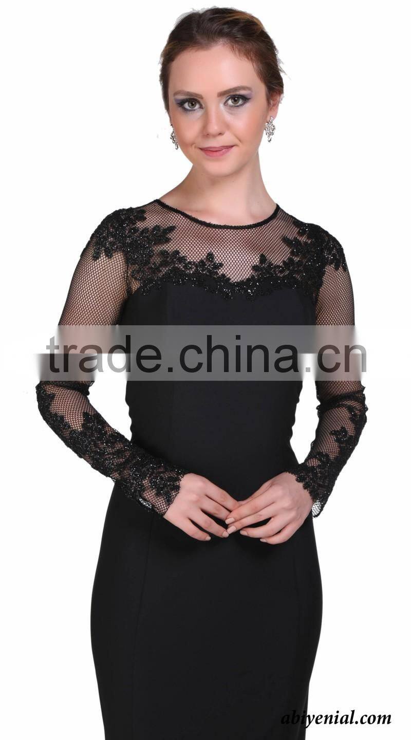 ABI-09 See Through Appliques O-neck Long Mother Dresses with Long Sleeves Custom made Mother Of the Bride Dresses