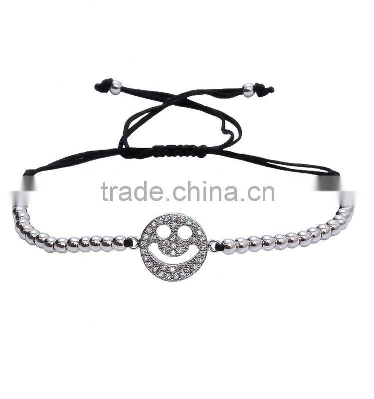 High Quality Silver Copper Bead Bracelets with Silver Smile Charm Tassel Bangle Bracelet