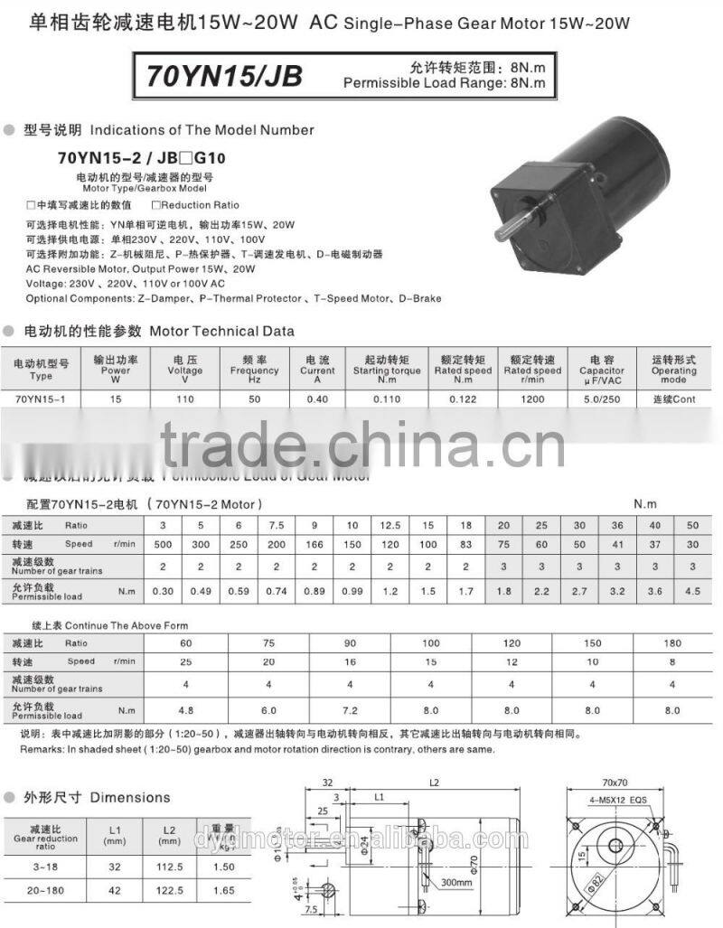 70MM 15W, 20W 230v 50hz Single Phase AC Induction Gear Motor
