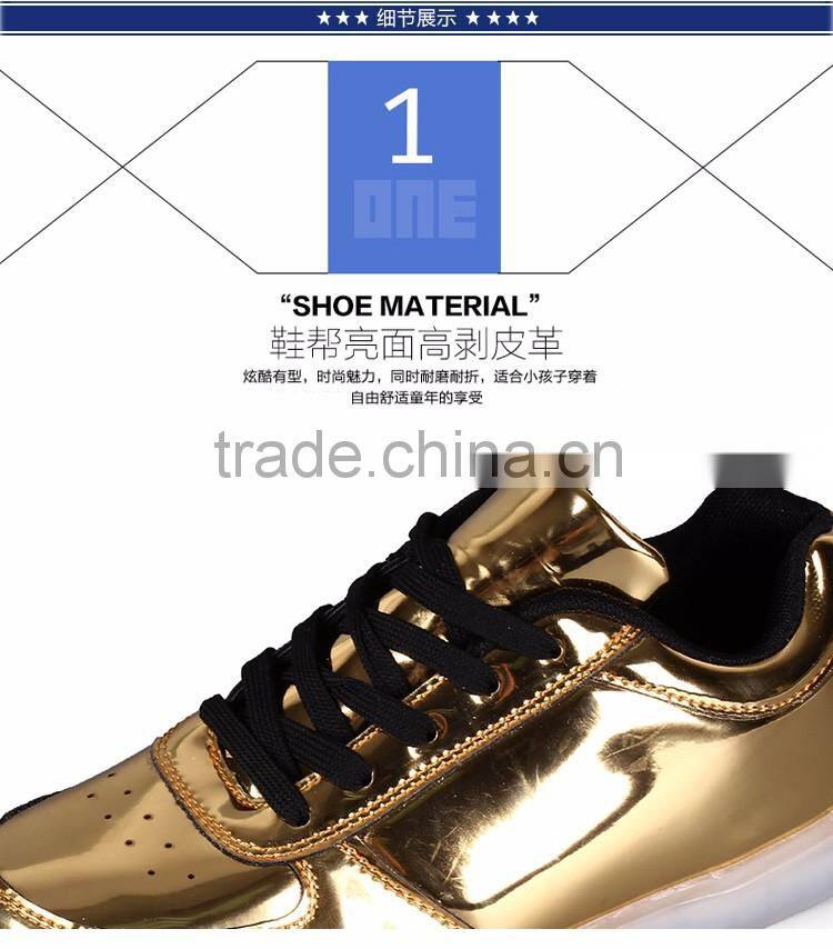 boys girls soft wear LED Luminous sports leisure shoes lace-up led flash evening shoes golden silver color