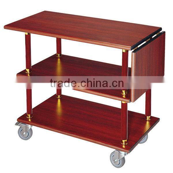 3 Layer Hotel Wood Food Service Handle Cart with Wheels/Coffee & Beverage Trolley