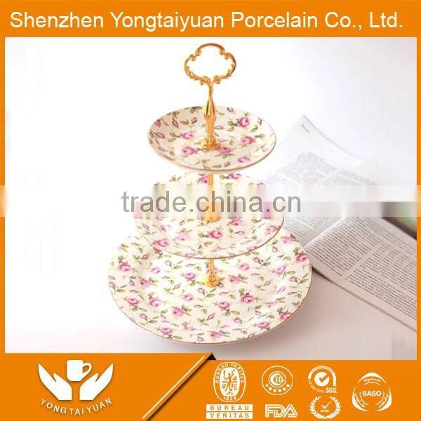 Hot sale style 3 layers fresh flower decal porcelain dry fruit plate