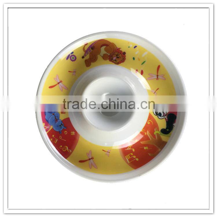 LFGB standard round shape two divided plate, melamine baby use custom chip and dip