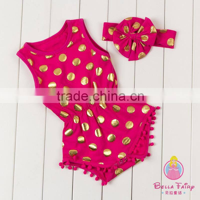 Wholesale baby romper with pom pom trim, girls boutique clothing,girls clothing