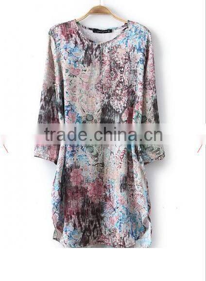 Multicolor Flowers Round Neck Above Knee Blend Dress
