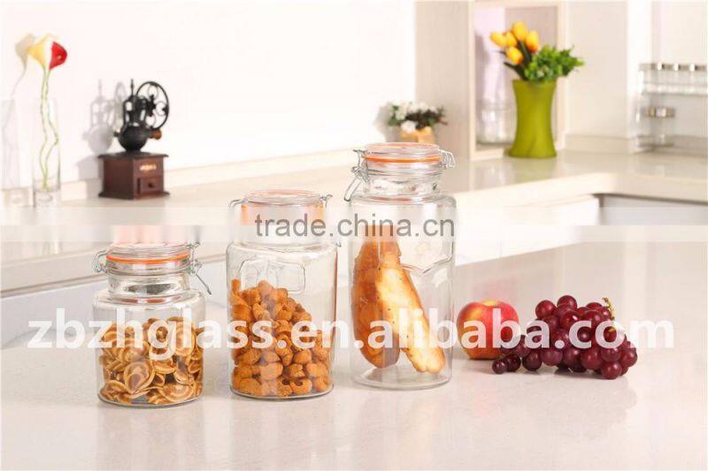 Set of 3 Glass Storage canister Clear Glass Jar with Metal Clip Airtight lid