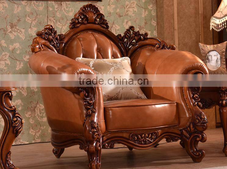 Luxury Chinese style solid wood double hand carving genuine leather sofa set