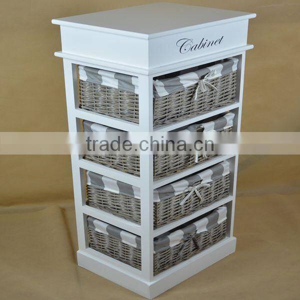 English bulk wooden storage cabinet with wicker baskets with handle