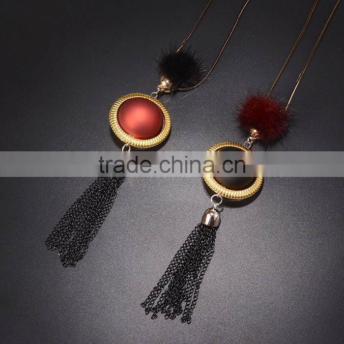 red bead gold hoop pendant long chain necklace black chain tassel necklace pompon necklace