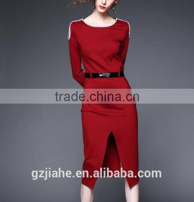 Sexy women knitting pencil wrap dress o-neck bodycon slit long sleeve dress causal dress for women