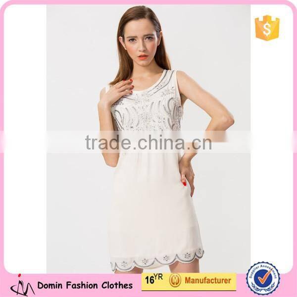 2015 New Design Sleeveless Embellished Shift Dress with Scallop Hem
