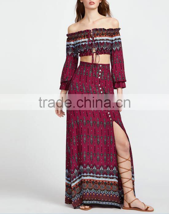 Picture of long skirts and tops Vintage print drawstring top with split skirt