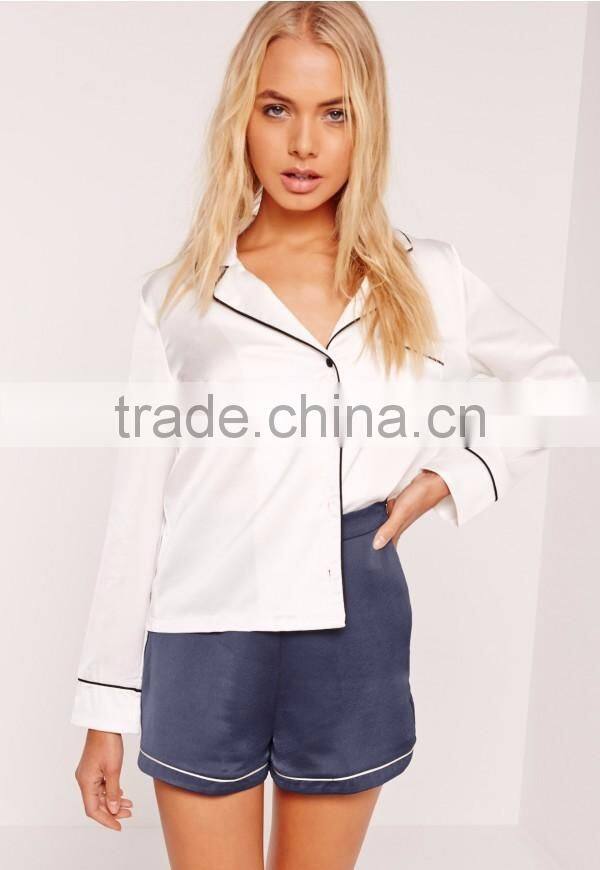 Custom Design Women Shorts Sleepwear Premium Satin Piping Detail Shorts Blue