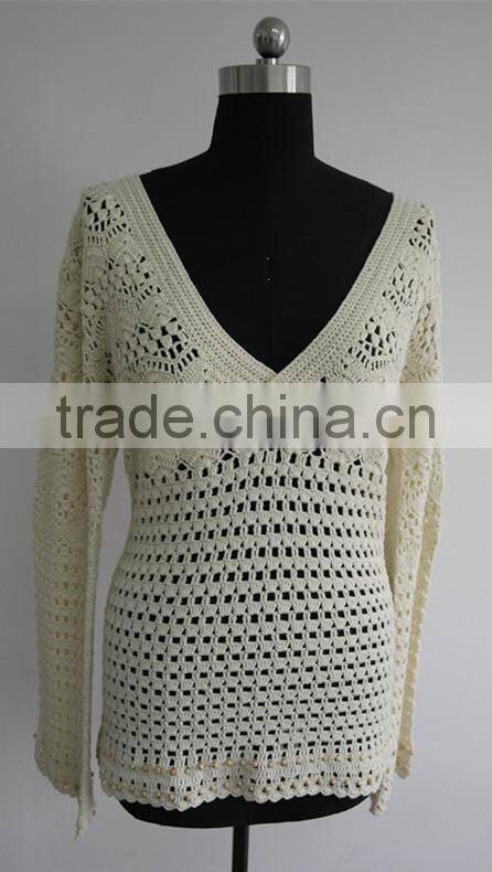Fashion ladies long sleeve hand crochet pullover sweaters