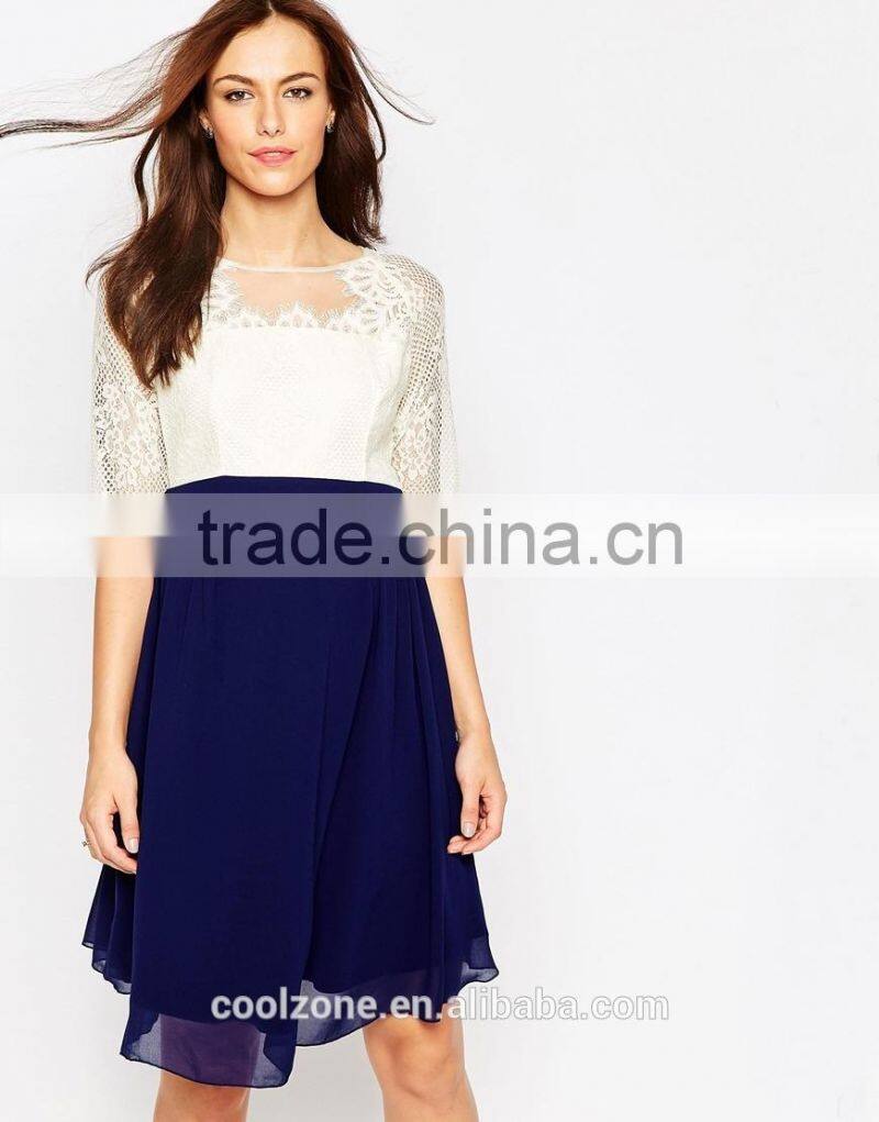 100% Polyester crew neck lined lace bodice maternity dress for women