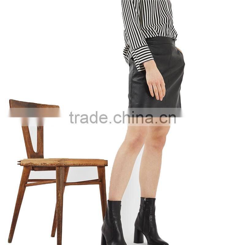 2017 OEM Spring Black PU High Waisted Pencil Skirt with Side Pockets