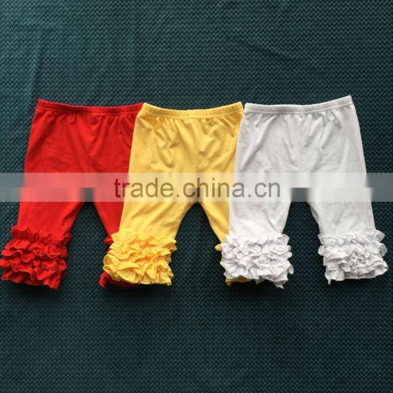 Wholesale cheap price children's boutique ruffled bottom pants kids capris light yellow triple ruffle baby girls pants XF-263