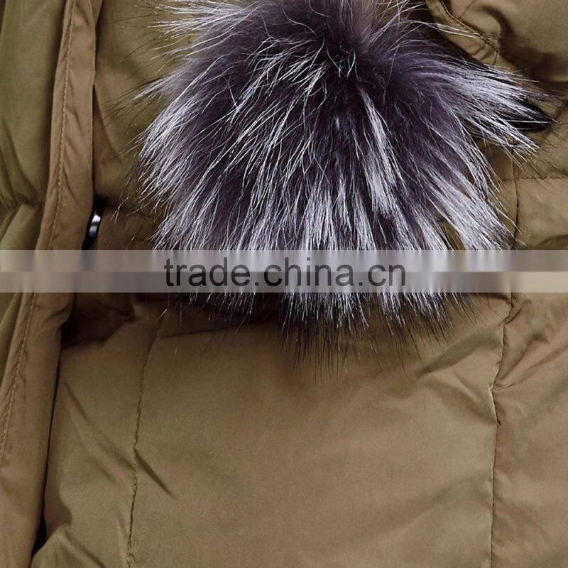 Women's green loose fit zipper-up down jacket/coat/wear with fur collar