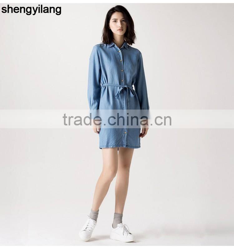 stylish leisure long sleeve denim jeans dress with waistband