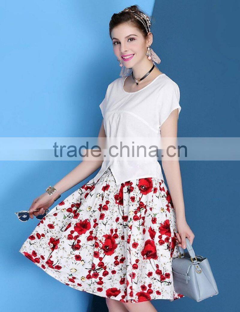 European style O-neck top +elastic waist two pieces printing knee-length dress sets/suits
