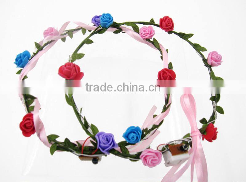 New Products Artificial Flower Head Band LED Light Rose Flower Wreath