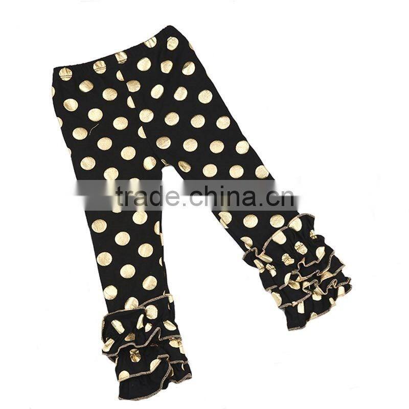 2016 Hot Design sew sassy gold polka dot printed icing ruffle pant girls icing capris set